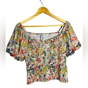Anthropologie Aurelia Smocked Floral Puff Sleeve Mesh Top